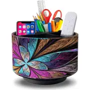 Remote Control Holder Round Leather Art Supply Organizer, PU Leather Pencil Stationery Desk Storage Makeup Organizer for Heater Controllers TV Remotes, 4 Compartments, 360 Degree Spinning