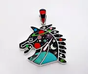 HANDCRAFTED CELESTIAL INLAY 925 STERLING SILVER PEGASUS HEAD PENDANT