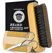 Men's Beard Brush, Beard Comb Set, Grooming kit with beard scissors, natural boar bristle brush, double wooden comb and travel bag, Perfect for, Valentine's Day gift