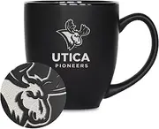 Rico Industries NCAA Utica Pioneers 15oz Laser Engraved Matte Black Ceramic Bistro Mug - for Hot or Cold Drinks