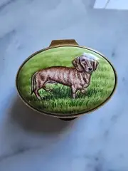 Exquisite Staffordshire Enamel Trinket Box Made in England Dachshund Dog