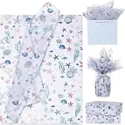 100 Sheets Ocean Tissue Paper for Gift Bags Under the Sea Coastal Ocean Wrapping Paper Starfish Shell Fish Seaweed Print for Birthday,Wedding - 20"×14"