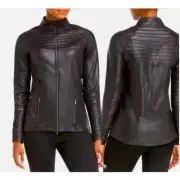 SPANX NWT Black Faux Leather Front-zip Pockets Slimming Stretch Moto Jacket M