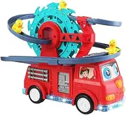 NEXTAKE 2 in 1 Fire Engine Slide Toy Set, Automatic Slide Down Duck Toy Race Track Toy Rotating Ferris Wheel Toy Duck Slide Toy Fire Truck Toy with Universal Wheel, Movable Eyes, Music & Lights