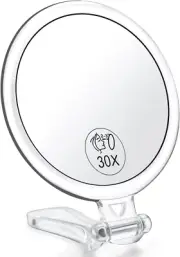 30X Magnifying Handheld Mirror, 2-Sided with Adjustable Stand, Portable, Acrylic