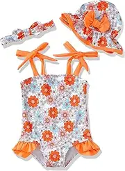 [Renotemy] Baby Girl Swimsuit Toddler Girls One-Piece Swimsuit Summer Beach Bikini Girl Bathing Suits with Hat 0-24 Month