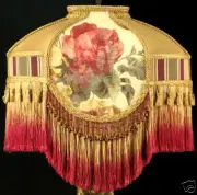 VICTORIAN LAMP SHADE CROSCILL ROSES FABRIC WITH GOLD SILK, BURGUNDY BEADS FRINGE