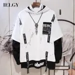 IELGY 絲帶拼接連帽套頭衫嘻哈百搭上衣男