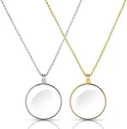 2 Pieces 5X Necklace Magnifier, Magnifying Pendant Necklace with 1.6 inch Diameter Glass Lens and 26 Inch Long Chain for Library, Reading, Zooming, Jewelry, Crafts Needlework (Gold, Silver)