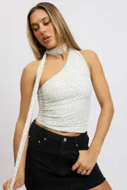 White Polka Dot One Shoulder Top Sleeveless Mesh - Size 16XL, Women's Top