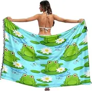 [RPLIFE] Cute Green Frogs Blue Sarong Wrap Tassel Beach Sarong Cover Up Women, Large, Cute Green Frogs Blue, Large