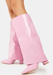 [Public Desire] Pink Zendaya Croc Pointed Toe Knee High Boots