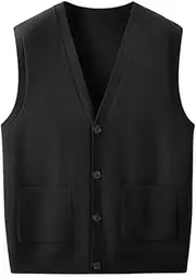 [OFFSUM] Men'S Knitted Vest - Spring Autumn Knitted Cardigan Vest Single Breasted Sleeveless With Pocket Solid Color Large Size Waistcoat Coat Top