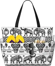 [Ghjkfbf] Bohemian Elephant Pattern Print Large Capacity Beach Travel Bag For Family, Beach Tote Bag For Women With Zipper Pockets, Black, One Size