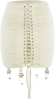 [N\P] NP Women Vintage Patchwork Punk Skirt High Waist Bodycon Eyelet Lace Up Sexy Beige