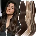 CLEARANCE Tape In Skin Weft Remy Human Hair Extensions Brown Highlight Balayage