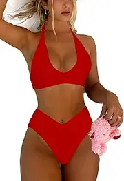 [Syshrendy] Women's Sexy High Leg Triangle Halter Bikini Set Padded Cup Bikini Cheeky Swimsuit V Cut Thong Bathing Suit
