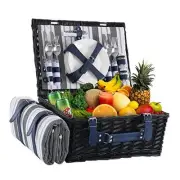 Wicker Picnic Basket for 4 with Waterproof Picnic Blanket and Grey＆white Stripe
