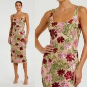 Mac Duggal NEW Beige Floral Beaded Scoop Neck Midi Dress $498 [6124] - Size 6