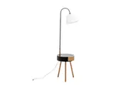 New Oriental Zoltan Rubberwood Floor Lamp On Side Table Linen Shade W/ USB Port Charging - Off White/Black