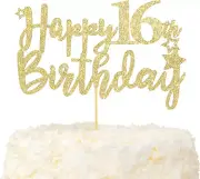 Happy 16Th Birthday Cake Topper Gold Glitter Hello Sweet 16 Cake Decoration Supp