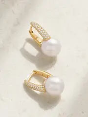 [Mikimoto] Mikimoto - 18-karat Gold, Pearl And Diamond Hoop Earrings - White - One size One size White