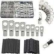 Bolt Hole Tinned Copper Terminals Kits, TuoYi 220pcs Wire terminals Connector Cable lugs Ring Battery SC Terminals and Heat Shrink Tubing