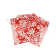 10 Red Snowflake Organza Drawstring Bags 12cm x 10cm - TL183