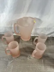 Vintage Tiara Glassware Pink Frosted Picture And Mugs Set Of 5 New
