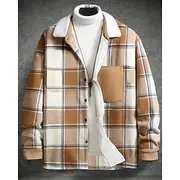 Men's Lightweight Jacket Shirt Jacket Casual Jacket Shacket Vacation Daily Breathable Pocket Spring Fall Plaid Fashion Classic Lapel Regular Black Khaki Jacket