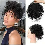 Hairpiece Messy Curly Hair Bun Scrunchies Short Wave Curly Synthetic Drawstring Ponytail Hairpiece Daily Use(Natural Black)