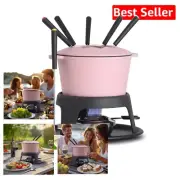 Authentic Cast Iron Fondue Pot Set with Color-Coded Forks - 6 Person Capacity
