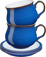Denby - Imperial Blue Tea Cup and Saucer Set of 2-200ml Stoneware Ceramic Coffee Mug and Saucer Set - Tea Party Set - Dishwasher Safe, Microwave Safe - Royal Blue, White - Chip Resistant