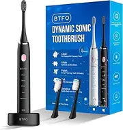 [BTFO] Electric Toothbrush with 5 Modes, 2pcs Replacement Brush Heads USB Rechargeable Smart Electronic Toothbrush with Holder for Adults IPX7 Waterproof Timing Fast Charging (Black, 1741-01)