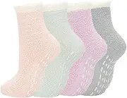 Non Slip Socks, TuoYi 4 Pairs Plush Slipper Socks Winter Warm Cozy Fuzzy Slipper Socks Soft Fluffy Hospital Socks with Grips (Light, US Footwear Size System, Adult, Women, Numeric Range, Medium, 4, 8)