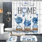 4 PCS Blue Hydrangea Shower Curtain Sets,Home Sweet Bathroom Set with Shower Cur