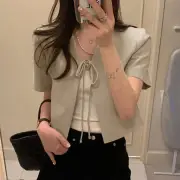 ZANZEA Daily Short Suit Jacket with Tie Front Collar, Short Sleeves Cotton Linen Blend Women's Blazer