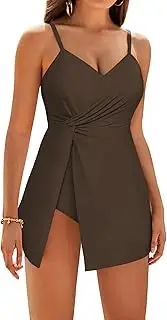 [GRACE KARIN] One Piece Swimsuit Women Swimsuit V-Neck A-Line Beachwear Removable Push Up Chest Pad, Dark Brown, L