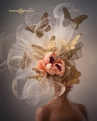 Kentucky Derby Hat Butterfly Fascinator Cream White Gold Bridal Hat Peach Pink