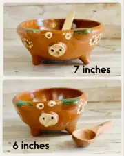 2x Terracotta Pig Salseros With Spoon 2 Salsero De Barro de Marranito y Cuchara