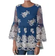 Sundance Navy Fleur In Bloom Bell Sleeve Top XL