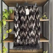Monsoon Velvet Sequin Midi Skirt 12 Black Gold Feather Lined Hem Elastic Waist