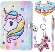 WERNNSAI Plush Unicorn Notebook Set - Magic Journal for Girls Private Diary Embroidery School Travel Notepad Gel Pen Key Rings Bracelets Locks Keys Birthday