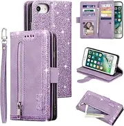 UEEBAI Wallet Case for iPhone SE 2022 5G/iPhone 7/iPhone 8/iPhone SE 2020, Retro 9 Card Slots Zipper Pocket Handbag PU Leather Magnetic Cover Wrist Strap Flip Case for iPhone SE3/SE2 - Glitter Purple