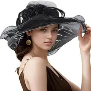 [PURFUN] Chic Flower Organza Fascinators Hats Women Wide Brim Floppy Caps Cocktail Tea Party Wedding Church Cloche Bowler Hats