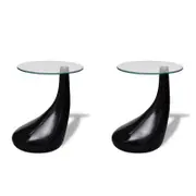 2pc Modern High Gloss Glass Top Drop Coffee Table Black Side Dinner Office Home