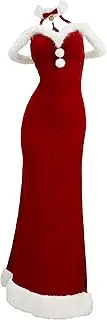 [Mobbunny] Christmas Dress for Women Red Fluffy High Slit Backless Long Dress Suit with Hat and Gloves