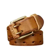 1X Men Retro Double Prong Brass Buckle Leather Belt Casual Pant Jeans Waistband