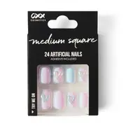 OXX Cosmetics 24 Pack Artificial Nails with Adhesive - Medium Square Shape, Pink and Blue Holographic 3D Hearts