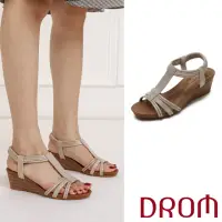 在飛比找momo購物網優惠-【DROM】坡跟涼鞋 T字涼鞋/歐美時尚縷空線繩T字造型坡跟